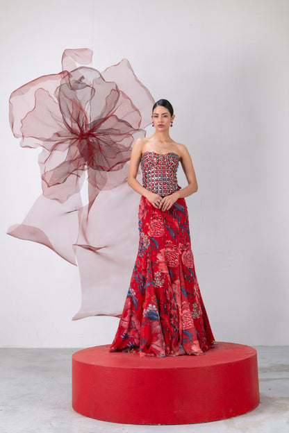 Red Corset with Fish-Cut Skirt and Statement Cape - Jwala
