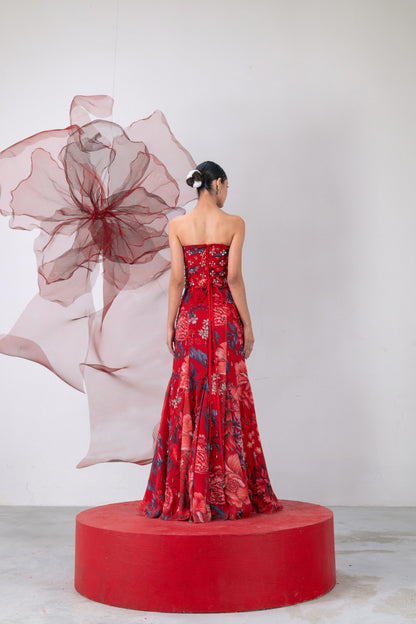 Red Corset with Fish-Cut Skirt and Statement Cape - Jwala