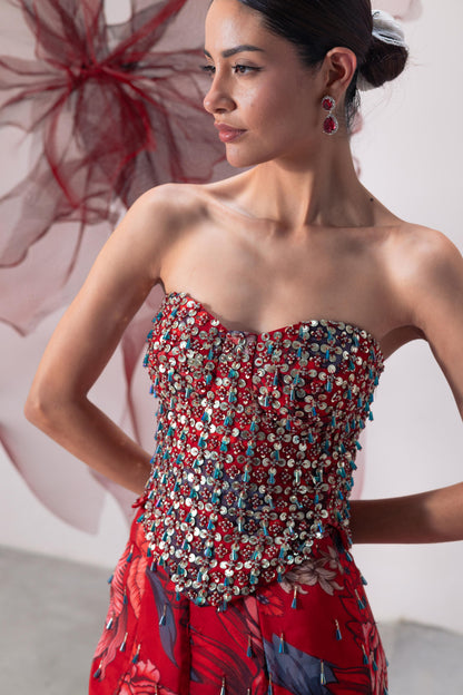 Red Corset with Fish-Cut Skirt and Statement Cape - Jwala