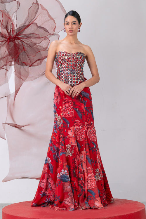 Red Corset with Fish-Cut Skirt and Statement Cape - Jwala