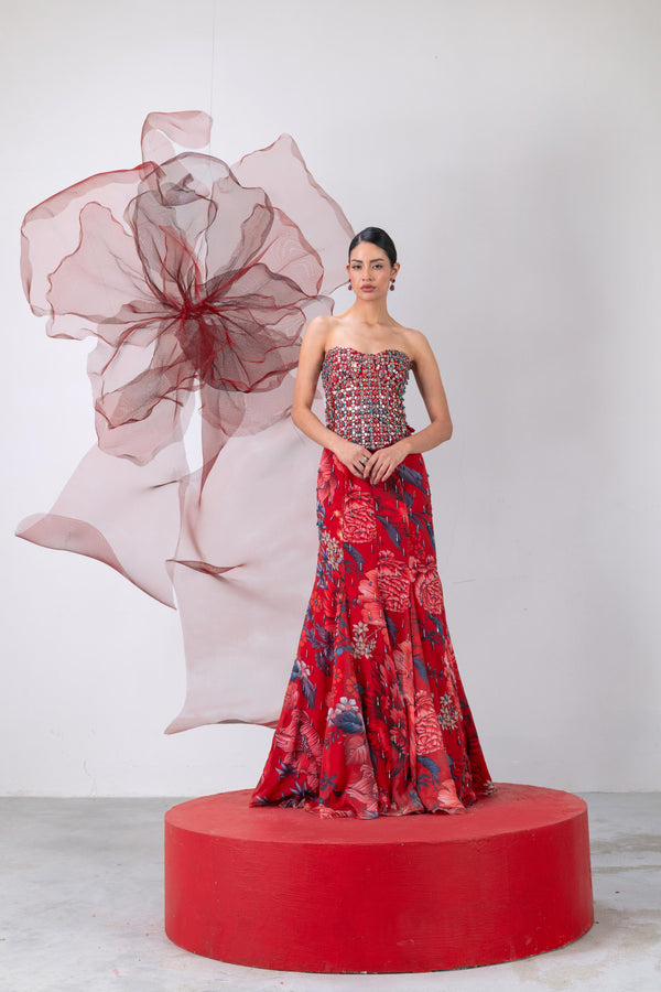 Red Corset with Fish-Cut Skirt and Statement Cape - Jwala