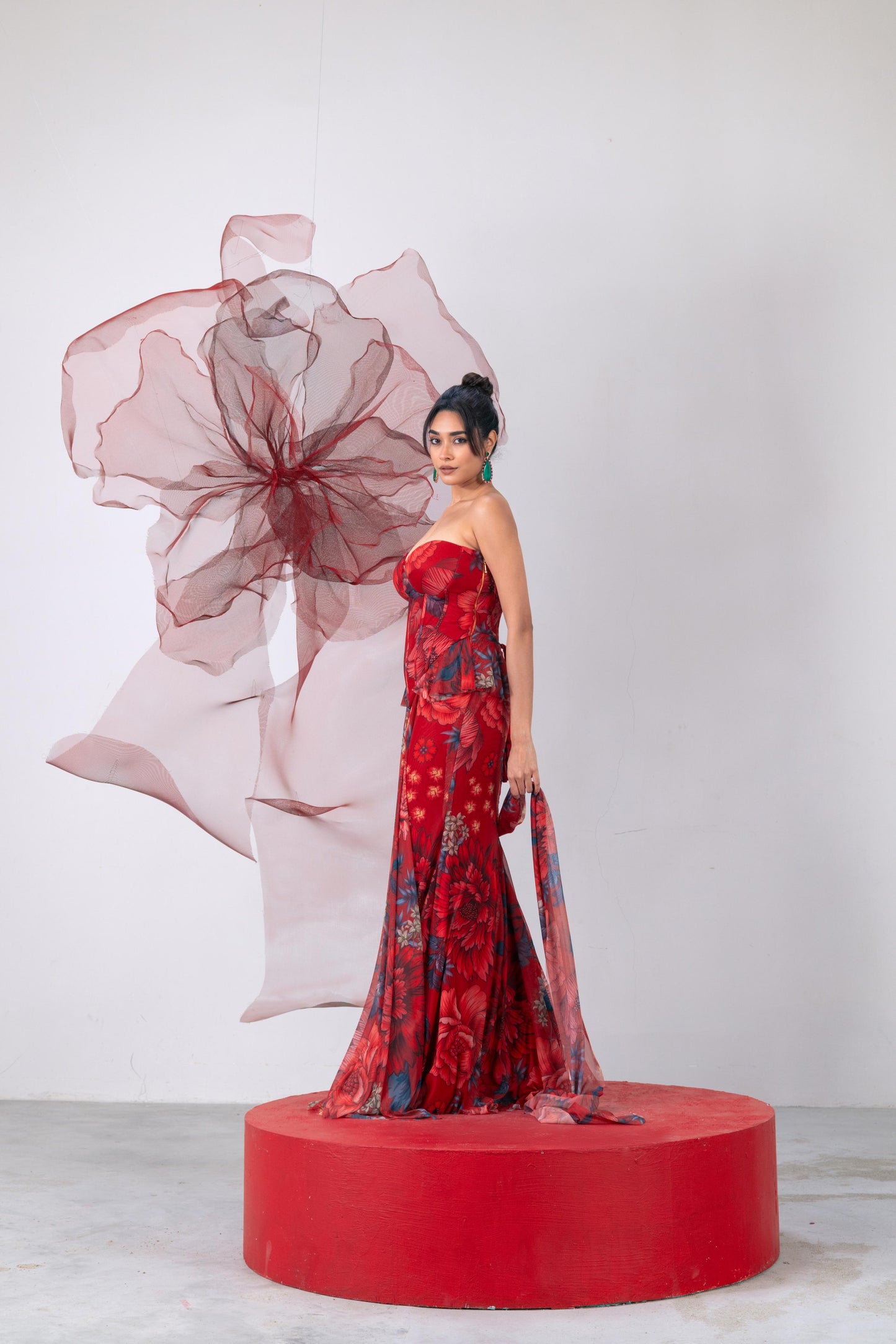 Red Corset-Style Top with Skirt and Matching Scarf - Shola