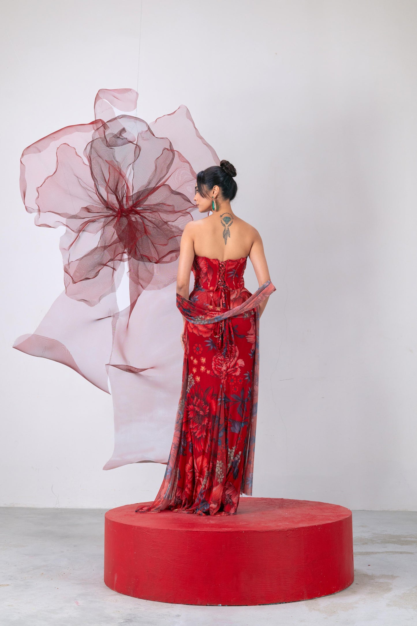 Red Corset-Style Top with Skirt and Matching Scarf - Shola