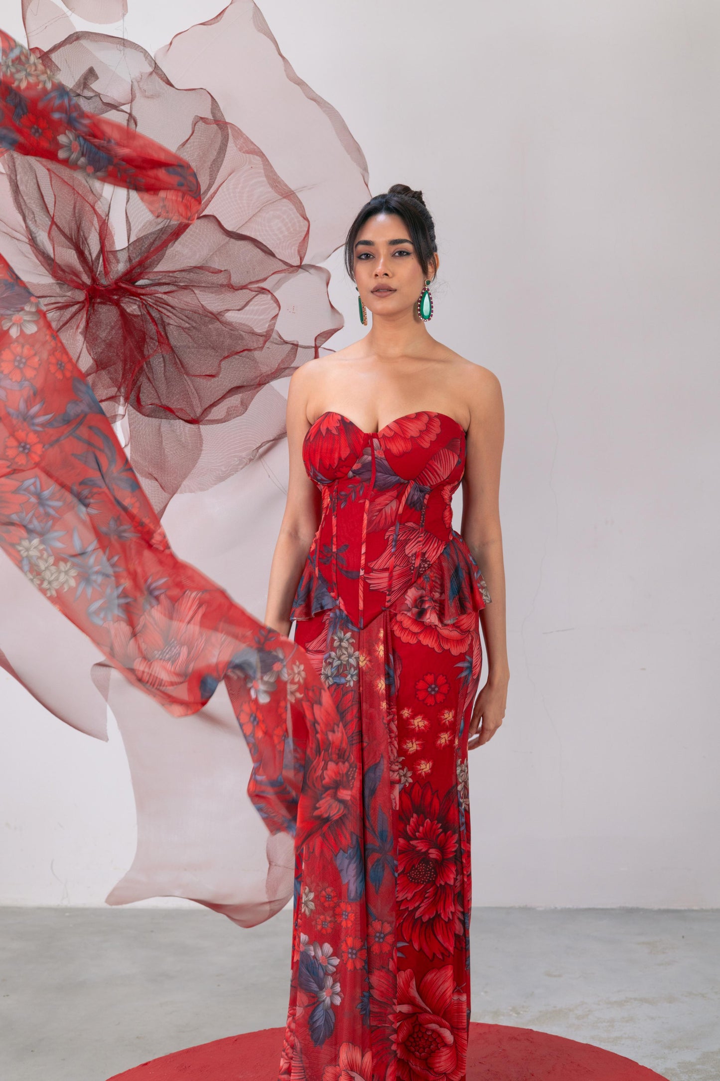 Red Corset-Style Top with Skirt and Matching Scarf - Shola