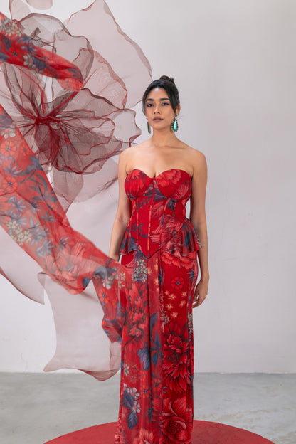Red Corset-Style Top with Skirt and Matching Scarf - Shola