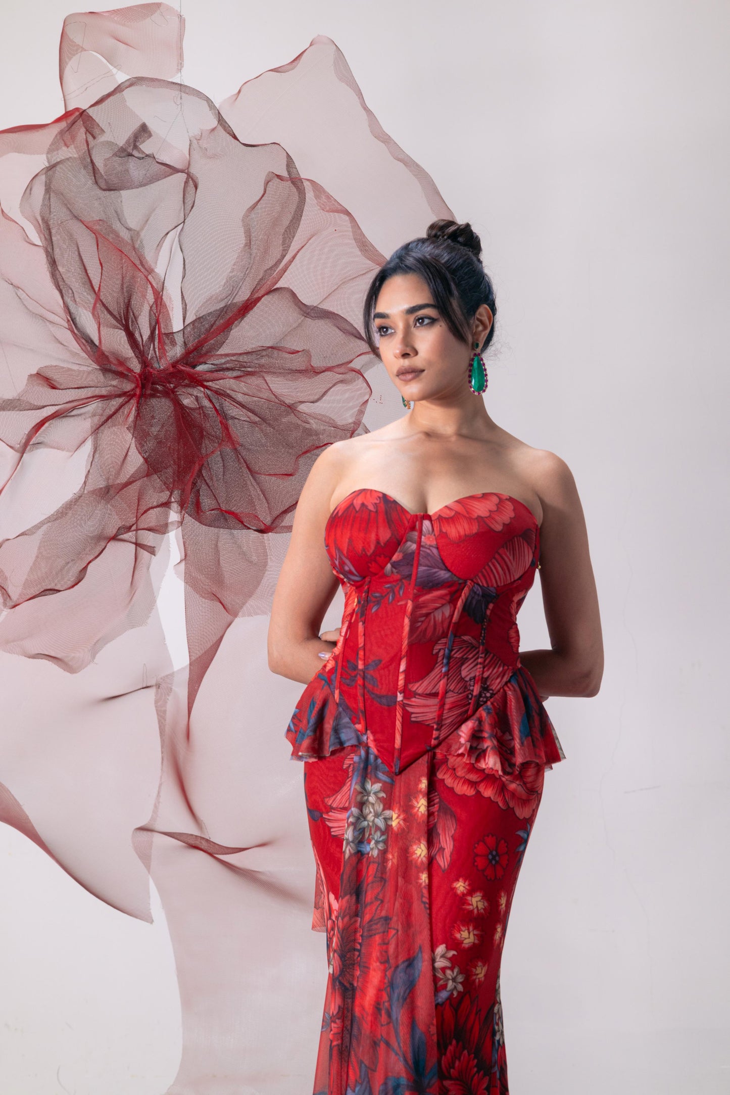 Red Corset-Style Top with Skirt and Matching Scarf - Shola