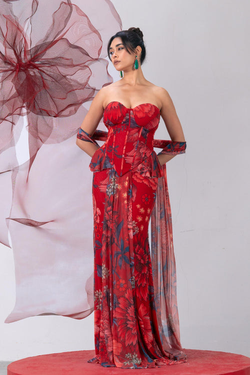 Red Corset-Style Top with Skirt and Matching Scarf - Shola