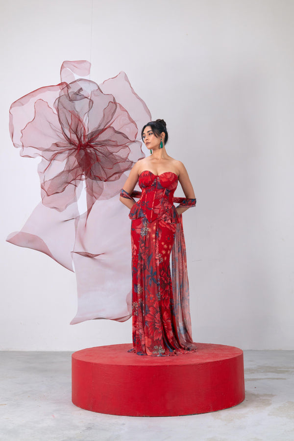 Red Corset-Style Top with Skirt and Matching Scarf - Shola