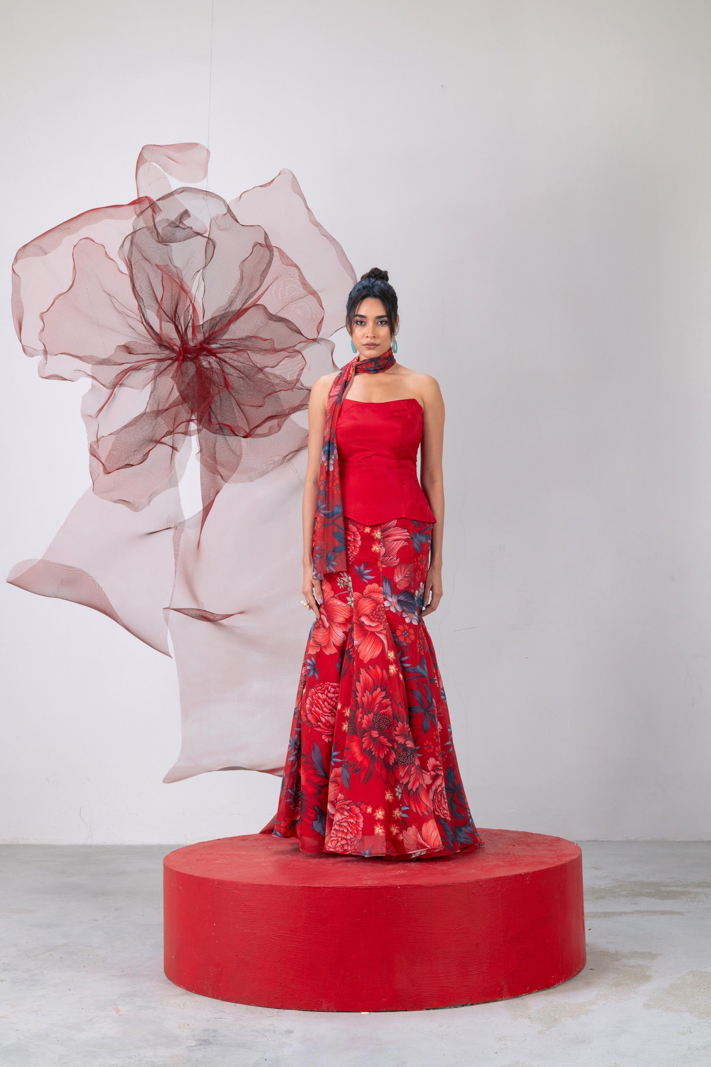 Red Peplum-Style Corset with Fish-Cut Skirt and Matching Dupatta - Aagni