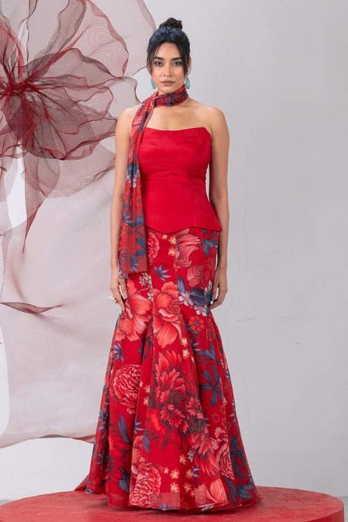 Red Peplum-Style Corset with Fish-Cut Skirt and Matching Dupatta - Aagni