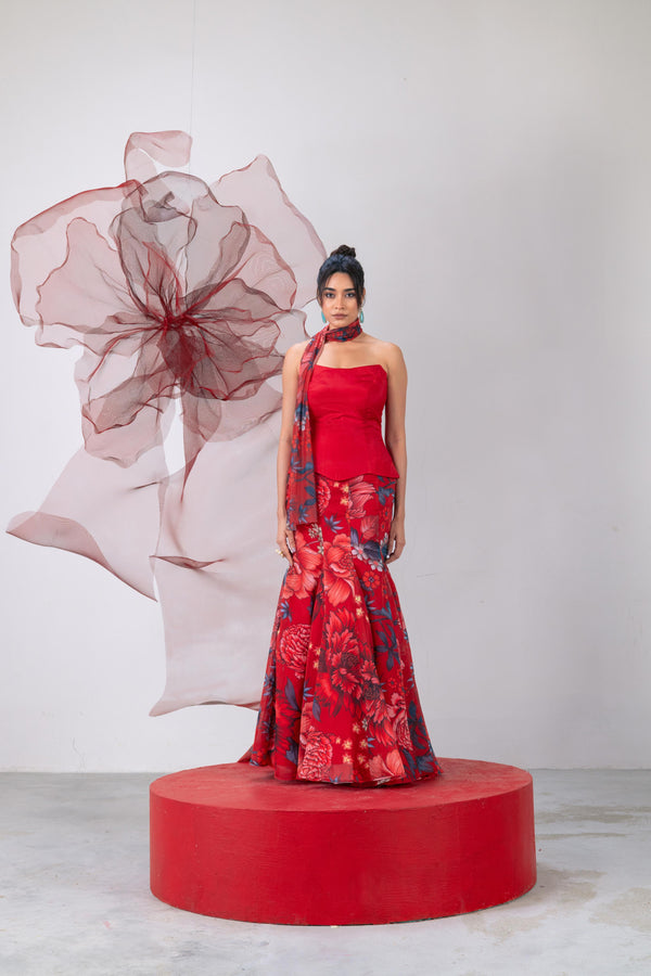 Red Peplum-Style Corset with Fish-Cut Skirt and Matching Dupatta - Aagni