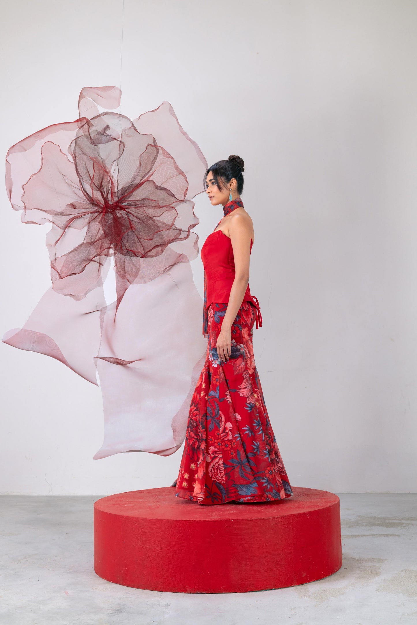 Red Peplum-Style Corset with Fish-Cut Skirt and Matching Dupatta - Aagni