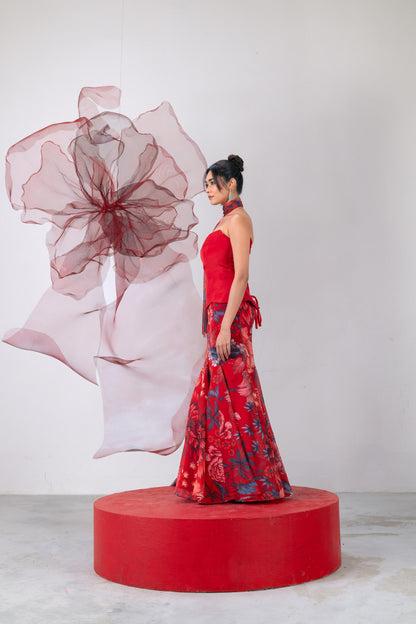 Red Peplum-Style Corset with Fish-Cut Skirt and Matching Dupatta - Aagni