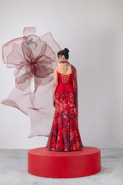 Red Peplum-Style Corset with Fish-Cut Skirt and Matching Dupatta - Aagni
