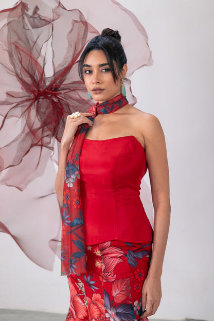 Red Peplum-Style Corset with Fish-Cut Skirt and Matching Dupatta - Aagni