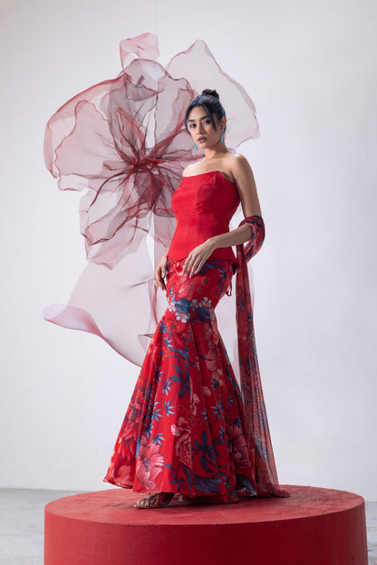 Red Peplum-Style Corset with Fish-Cut Skirt and Matching Dupatta - Aagni