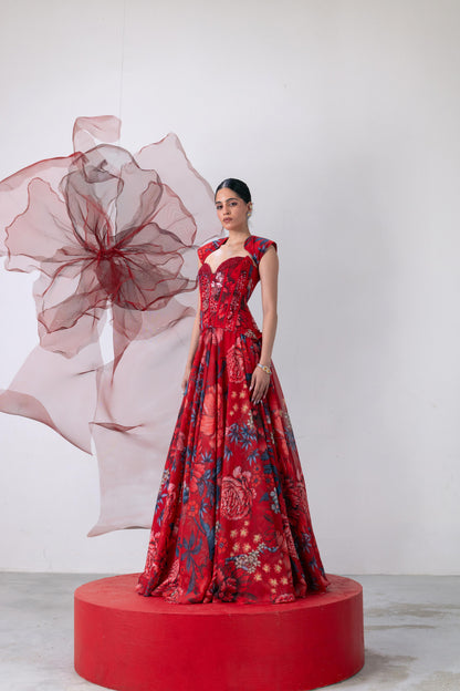 Red Corset-Style Blouse with Flared Skirt - Phoolan Devi
