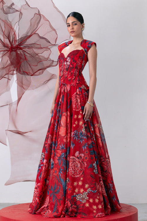Red Corset-Style Blouse with Flared Skirt - Phoolan Devi