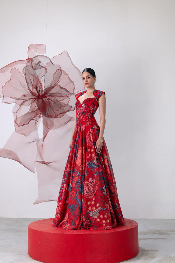 Red Corset-Style Blouse with Flared Skirt - Phoolan Devi