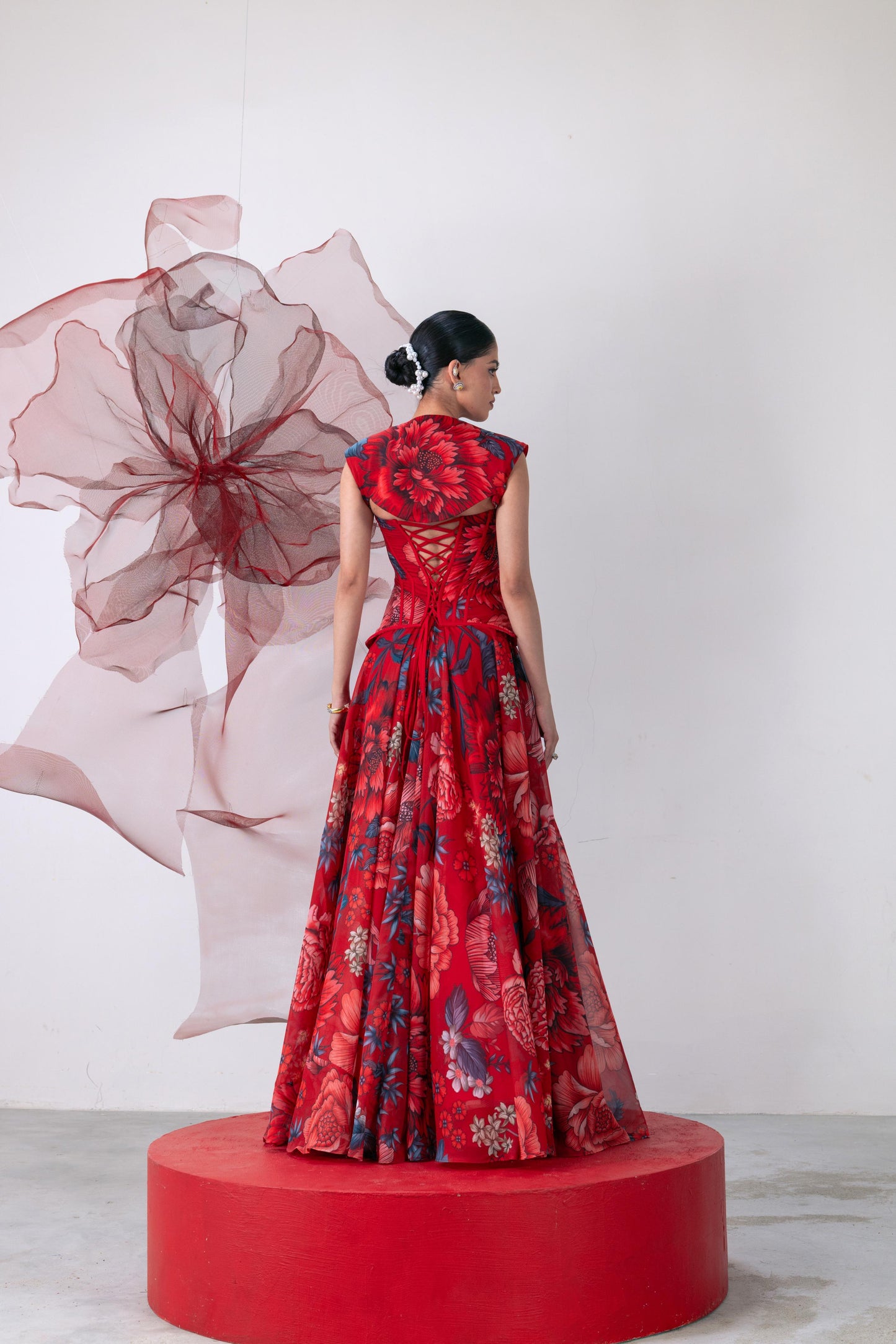 Red Corset-Style Blouse with Flared Skirt - Phoolan Devi