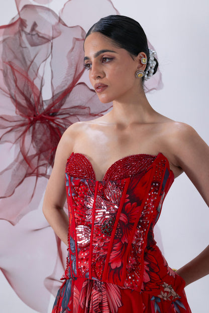 Red Corset-Style Blouse with Flared Skirt - Phoolan Devi