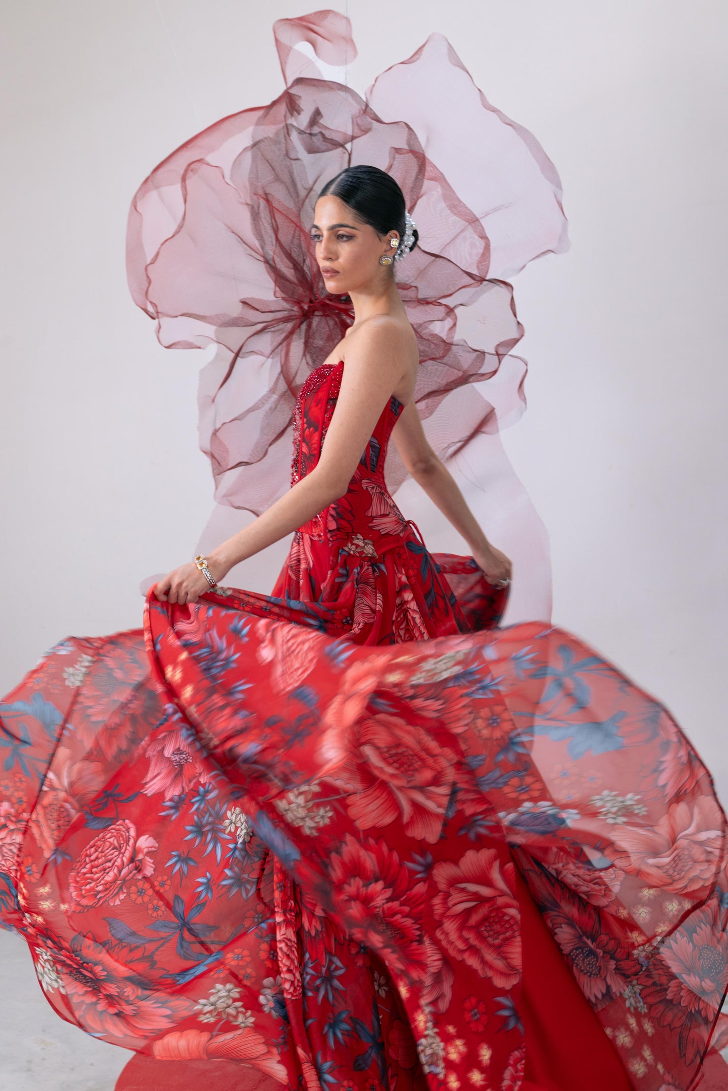 Red Corset-Style Blouse with Flared Skirt - Phoolan Devi