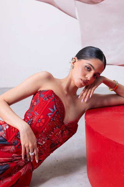 Red Corset-Style Blouse with Flared Skirt - Phoolan Devi