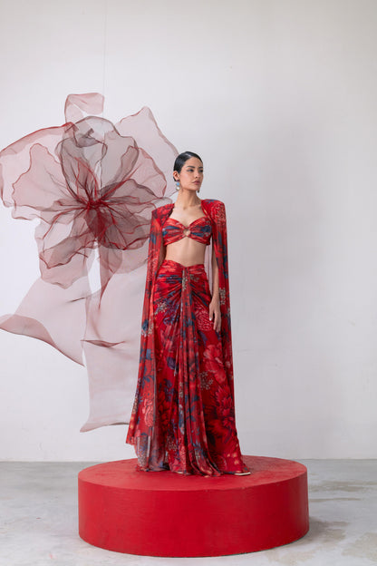 Red Bralette-Style Top with Draped Skirt and Statement Cape - Bijli