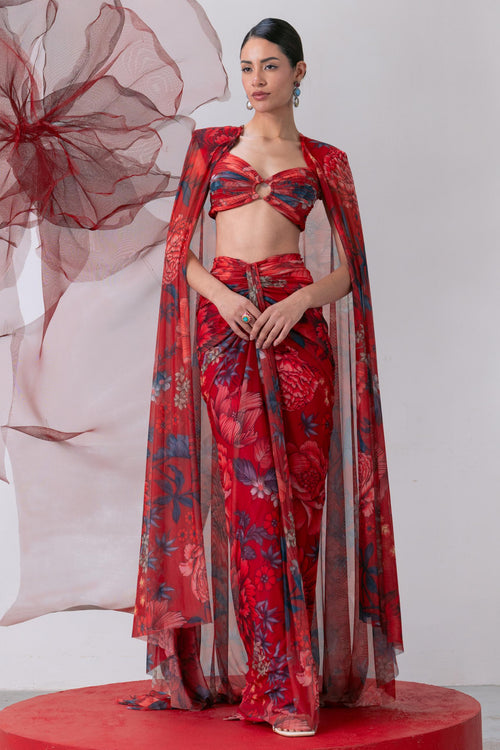 Red Bralette-Style Top with Draped Skirt and Statement Cape - Bijli