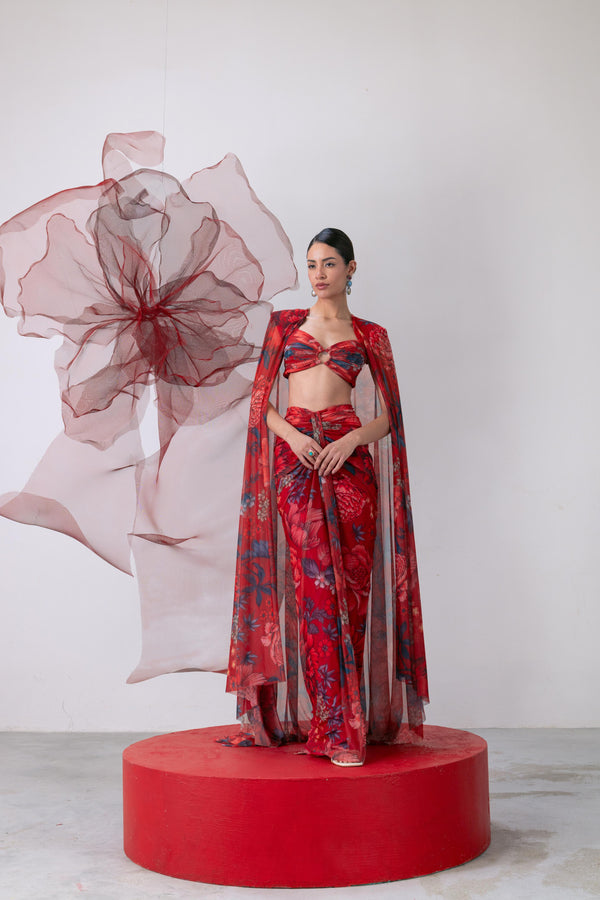 Red Bralette-Style Top with Draped Skirt and Statement Cape - Bijli