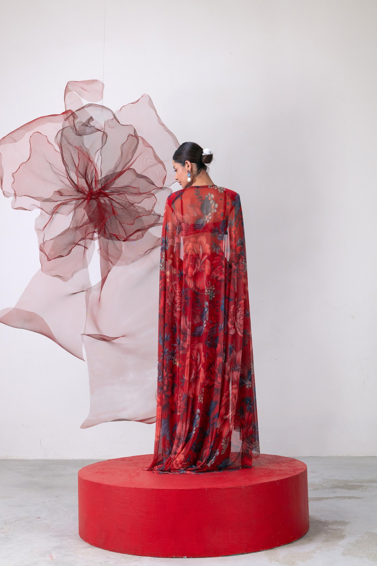 Red Bralette-Style Top with Draped Skirt and Statement Cape - Bijli