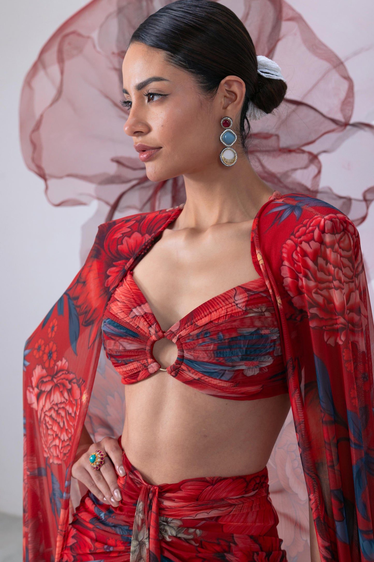 Red Bralette-Style Top with Draped Skirt and Statement Cape - Bijli