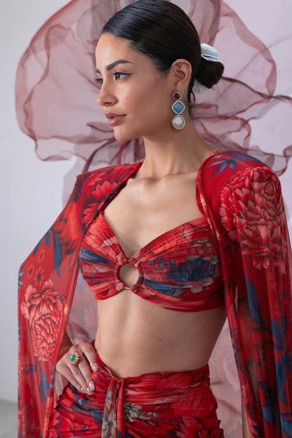 Red Bralette-Style Top with Draped Skirt and Statement Cape - Bijli