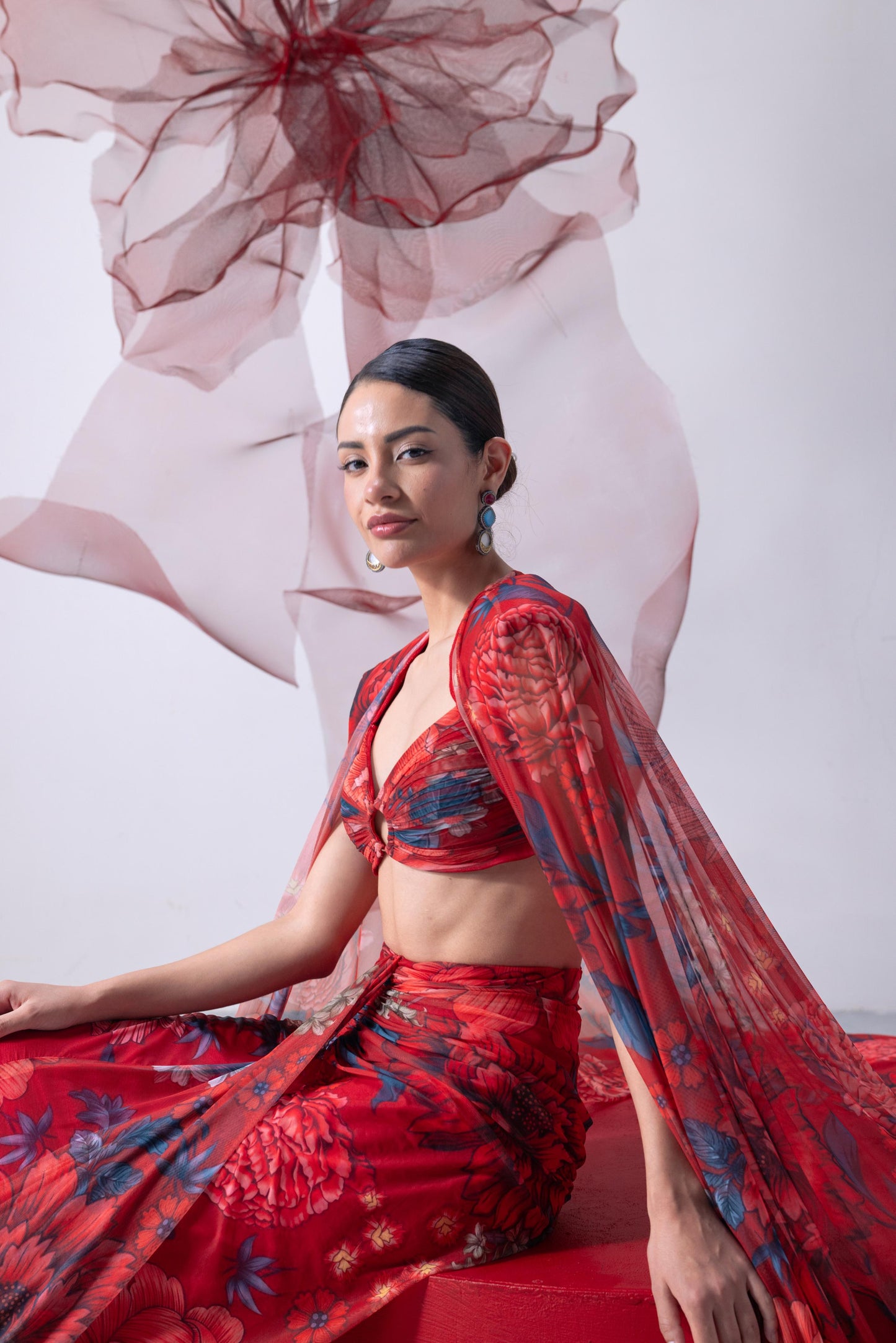 Red Bralette-Style Top with Draped Skirt and Statement Cape - Bijli