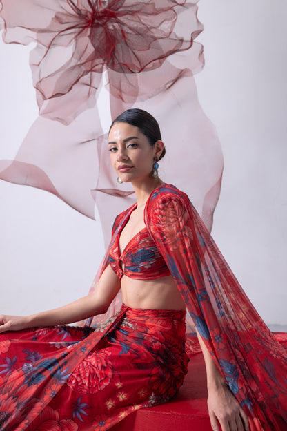 Red Bralette-Style Top with Draped Skirt and Statement Cape - Bijli