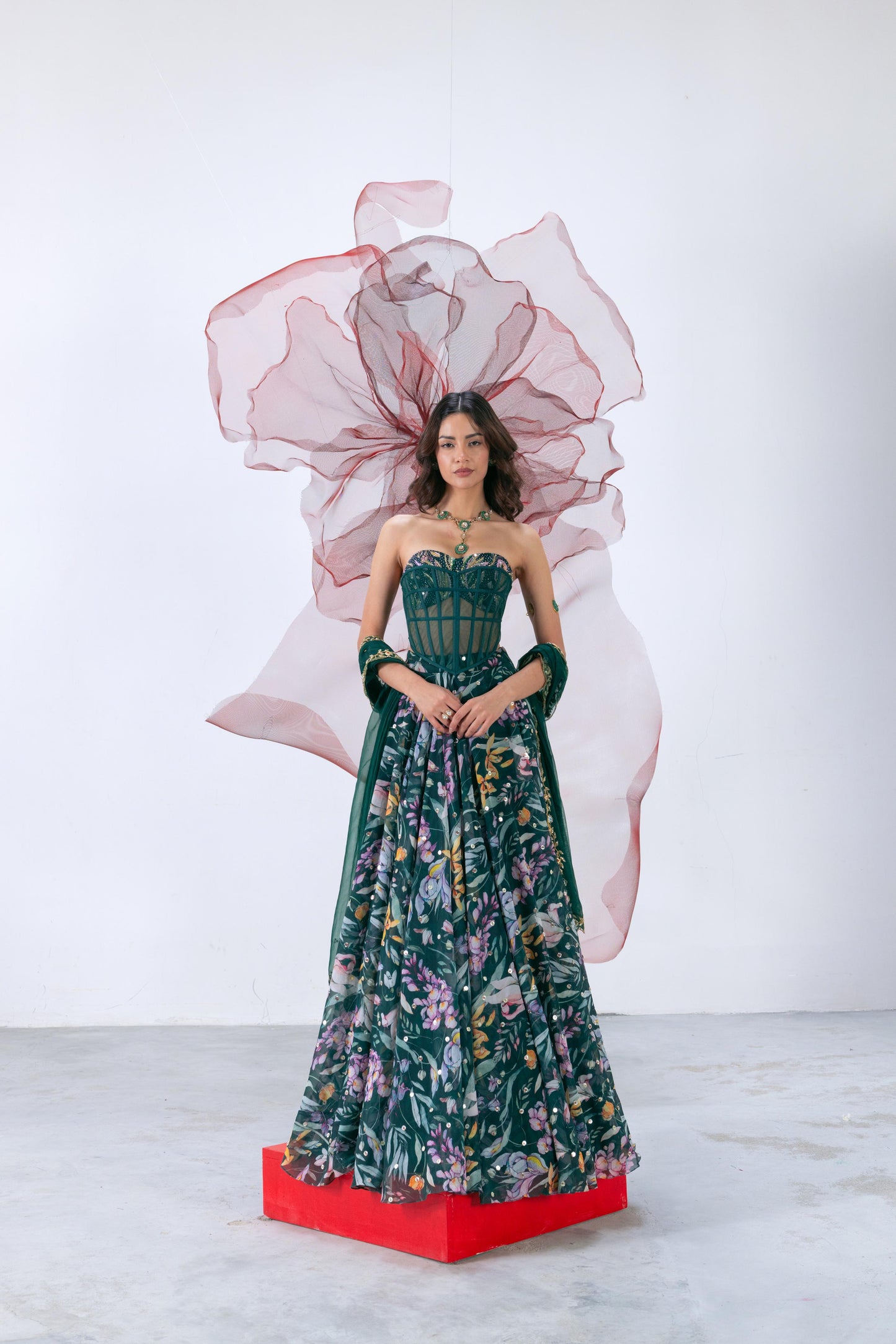 Green Corset-Style Blouse with Flowing Skirt and Matching Dupatta - Patakha