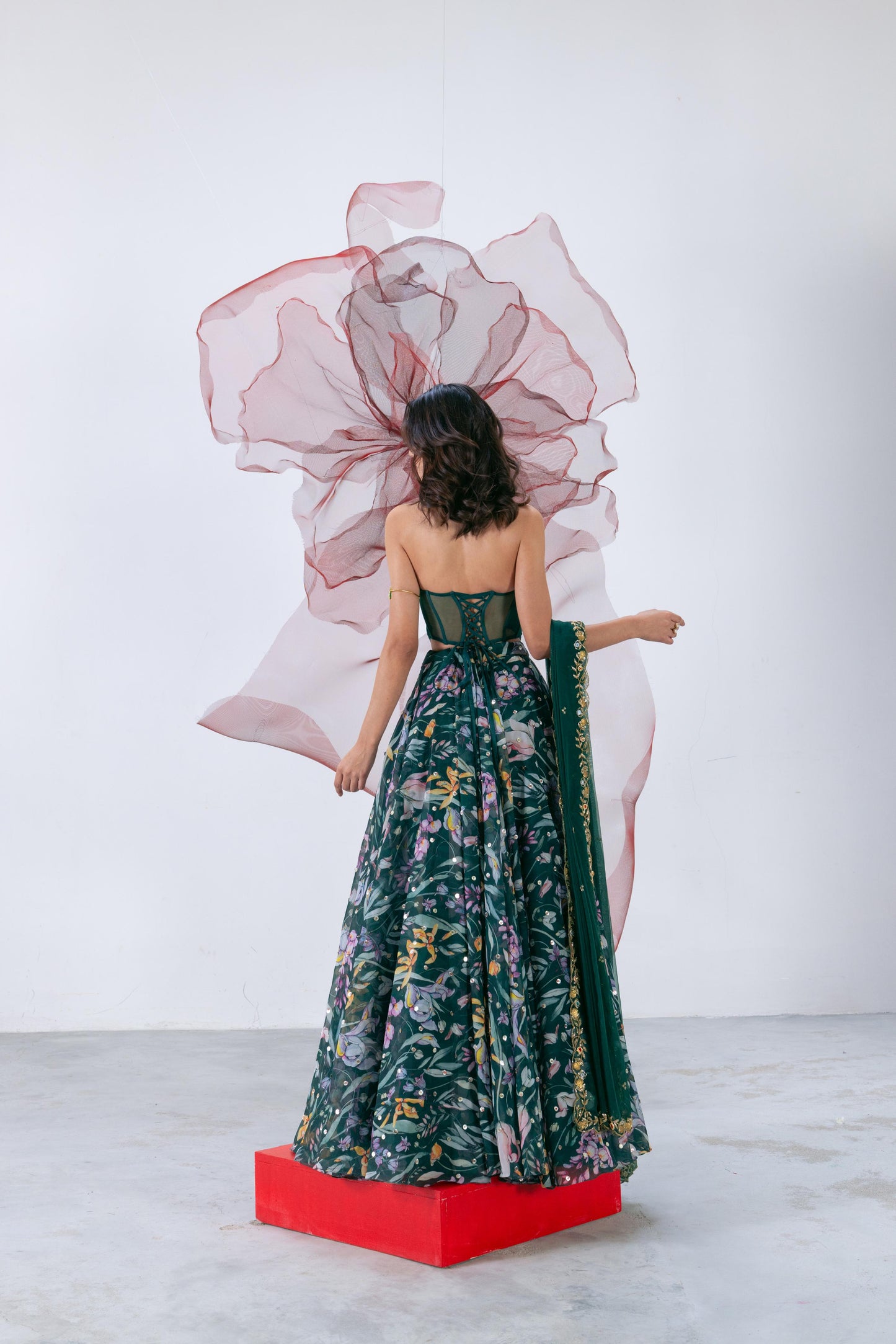 Green Corset-Style Blouse with Flowing Skirt and Matching Dupatta - Patakha