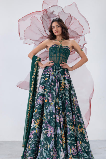 Green Corset-Style Blouse with Flowing Skirt and Matching Dupatta - Patakha