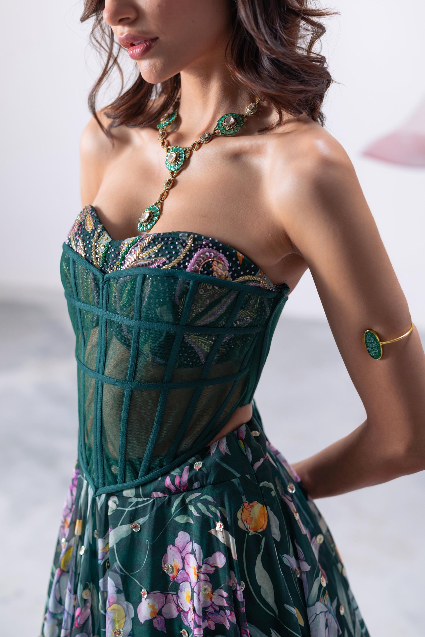 Green Corset-Style Blouse with Flowing Skirt and Matching Dupatta - Patakha