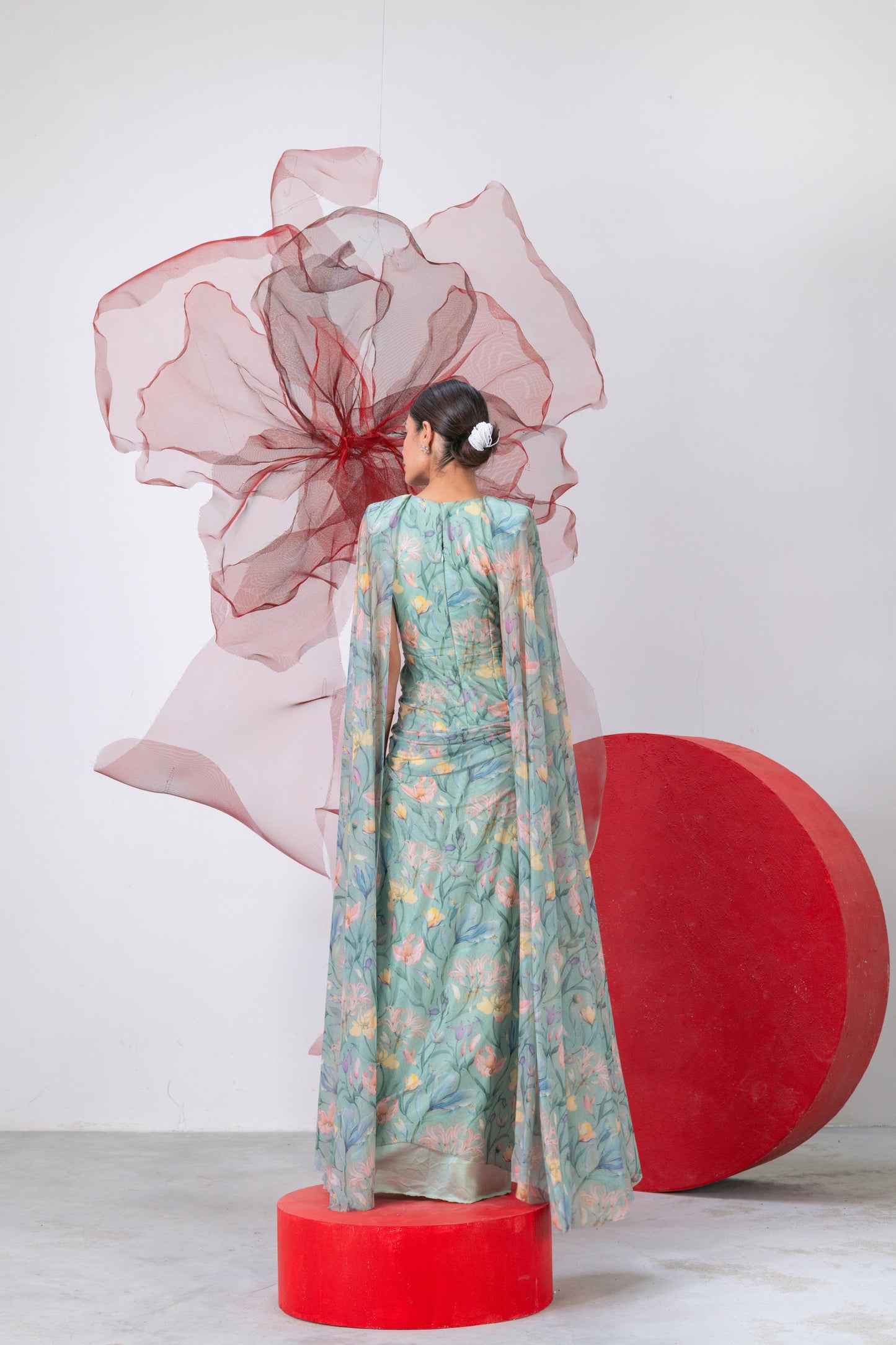 Sea Green Draped Gown with Attached Cape-Style Sleeves - Titli