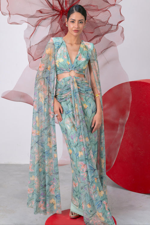Sea Green Draped Gown with Attached Cape-Style Sleeves - Titli