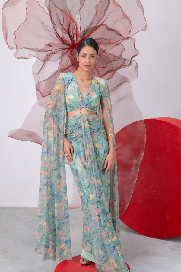 Sea Green Draped Gown with Attached Cape-Style Sleeves - Titli