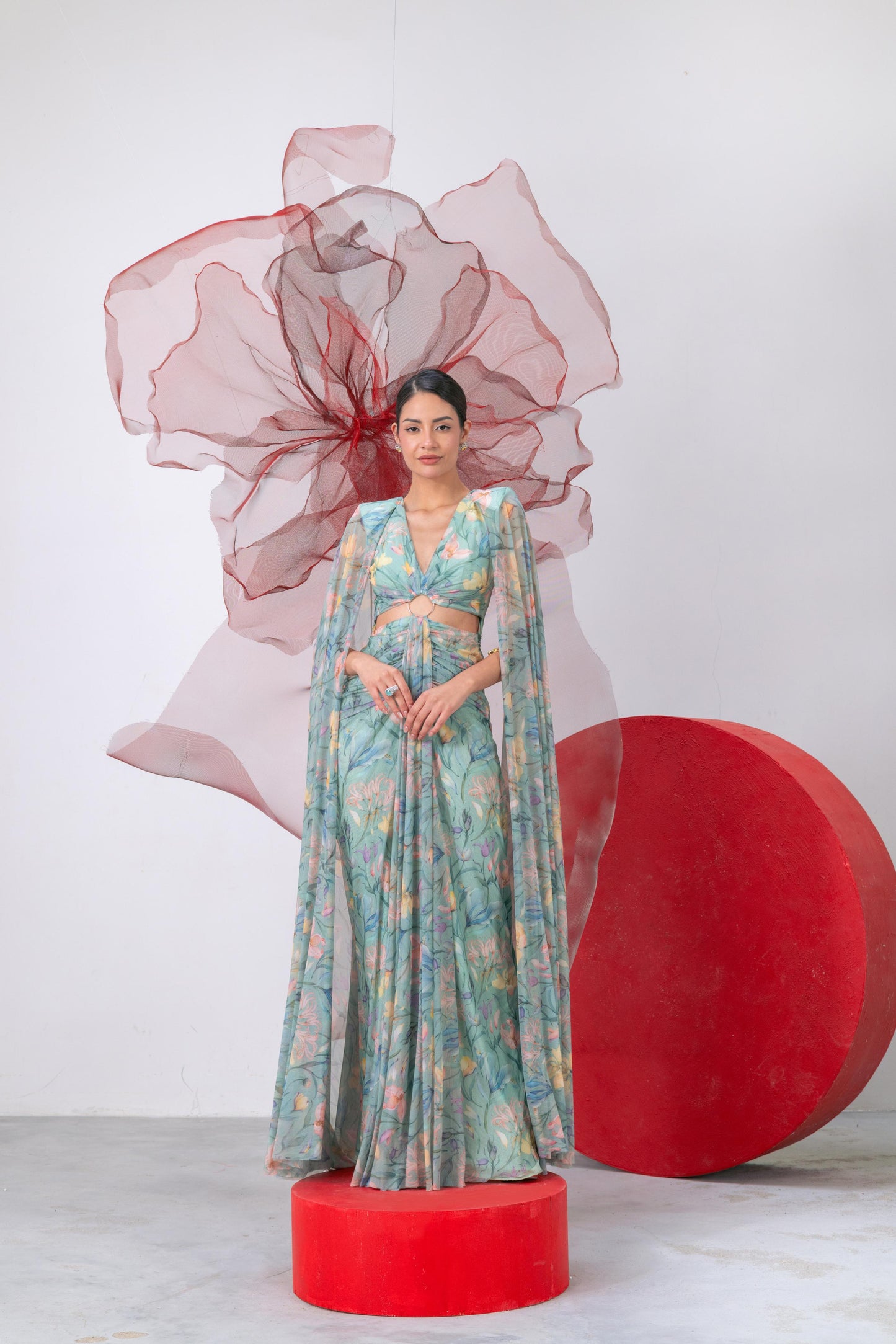 Sea Green Draped Gown with Attached Cape-Style Sleeves - Titli
