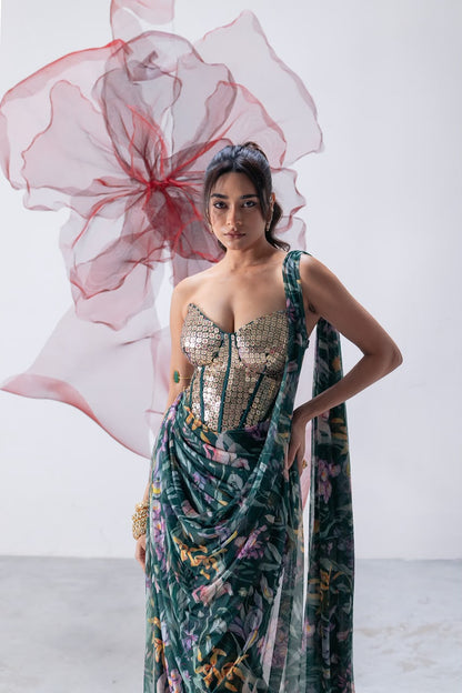 Green Saree with Structured Corset Blouse - Ruhani