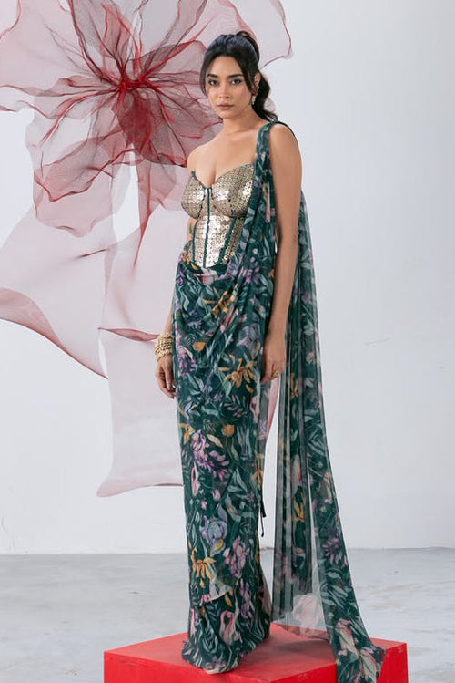 Green Saree with Structured Corset Blouse - Ruhani