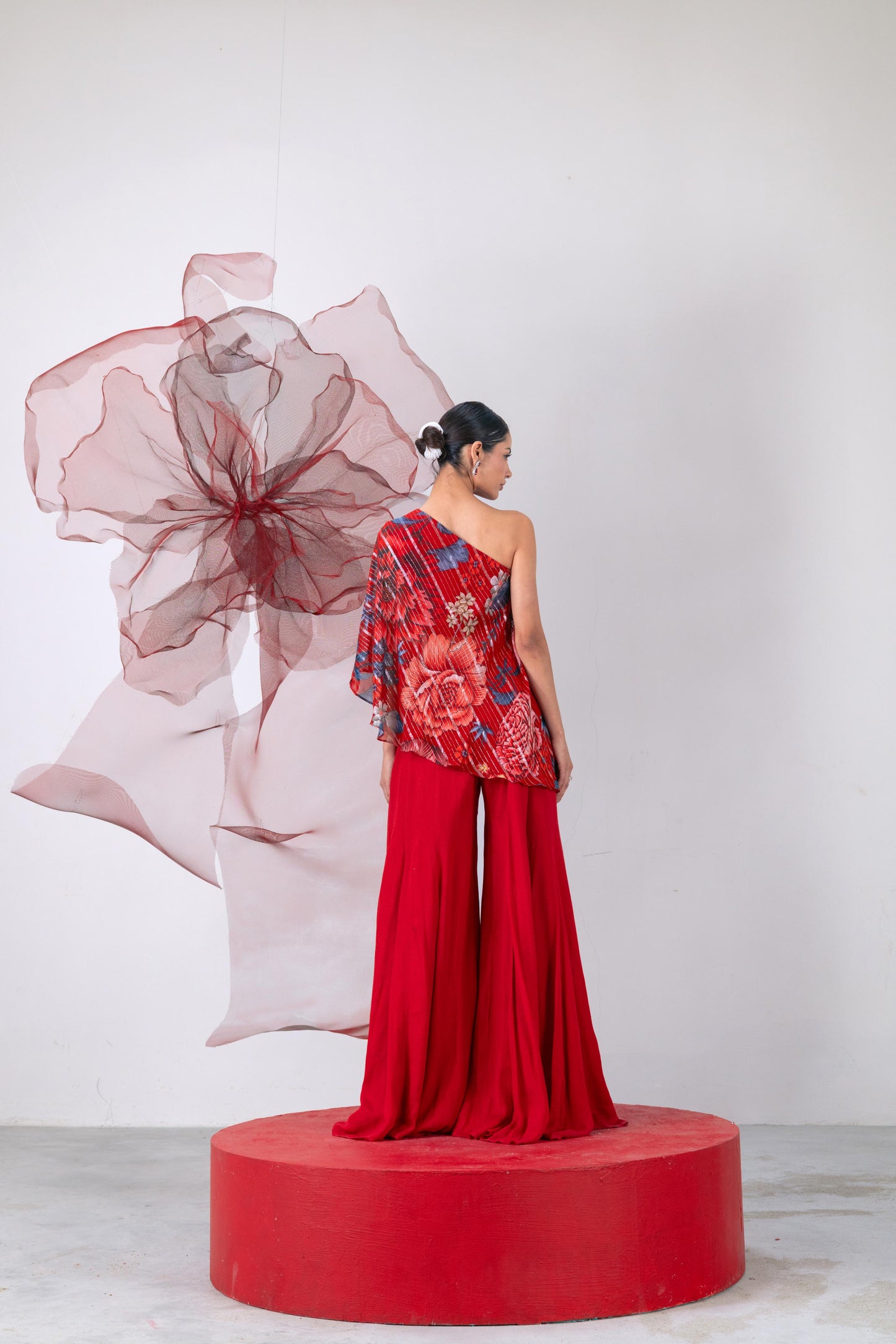 Red One-Shoulder Top with Wide-Legged Palazzo Pants - Dhadak