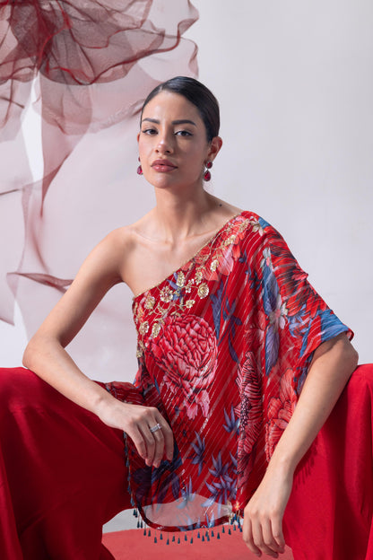 Red One-Shoulder Top with Wide-Legged Palazzo Pants - Dhadak