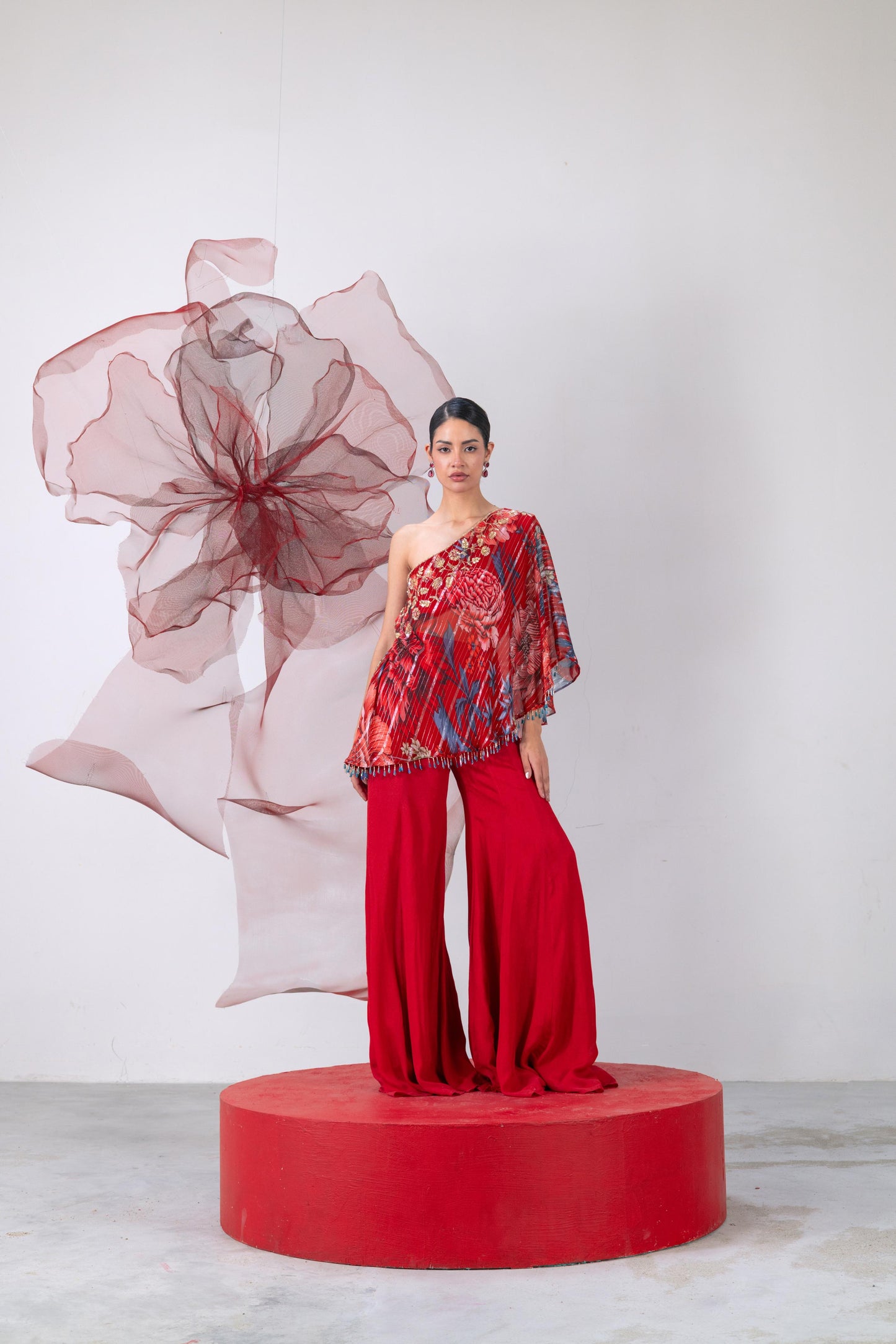 Red One-Shoulder Top with Wide-Legged Palazzo Pants - Dhadak