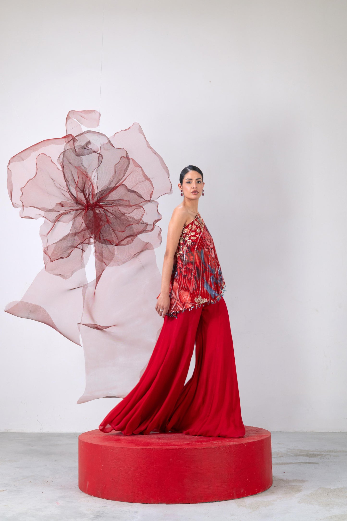 Red One-Shoulder Top with Wide-Legged Palazzo Pants - Dhadak