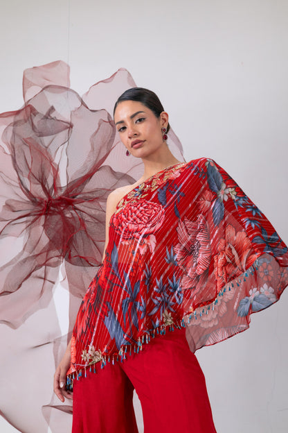Red One-Shoulder Top with Wide-Legged Palazzo Pants - Dhadak